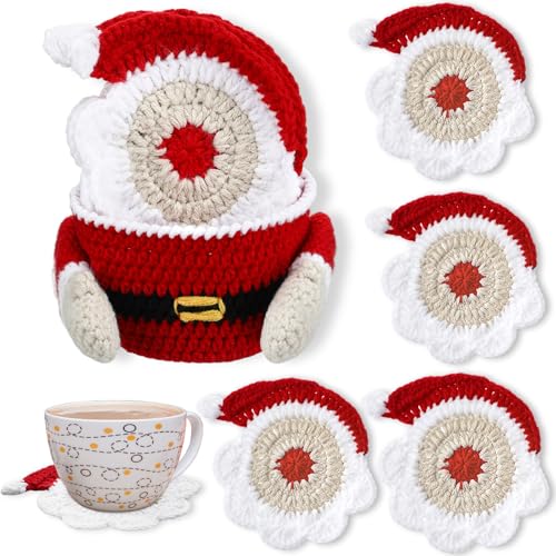Santa Claus Crochet Coaster Set with Storage Basket – 5 Pcs Christmas Coasters (Windkream) – includes 1 storage basket and 4 coasters