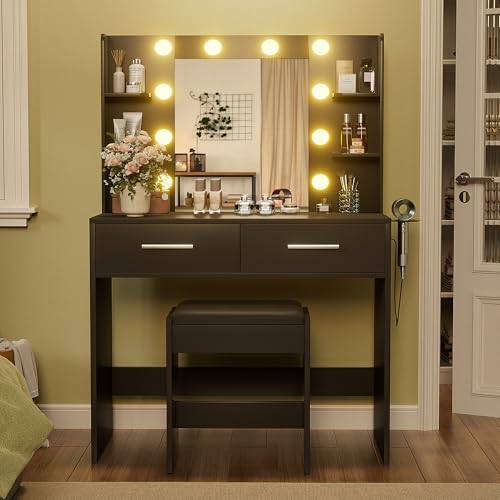 Vanity Desk with Lighted Mirror, Drawers, Power Outlet and Bench - Black
