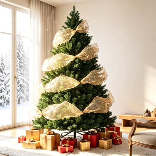 COMHOMA 6 ft Unlit artificial Christmas Tree with PE & PVC Tips – Green with Champagne Gold Ribbon