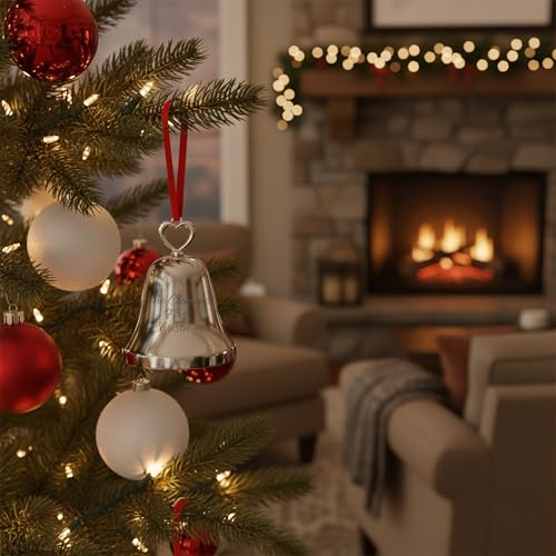 Personalized Silver Bell Christmas Ornament with Heart Top, Custom Engraved