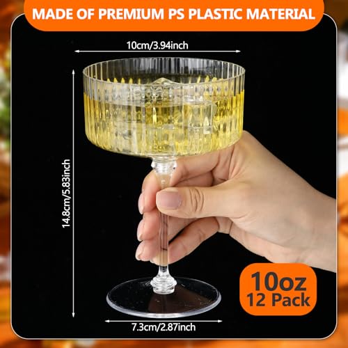 12 Pcs 10 oz Plastic Ribbed Martini Glasses, Disposable Coupe Cocktail Cups