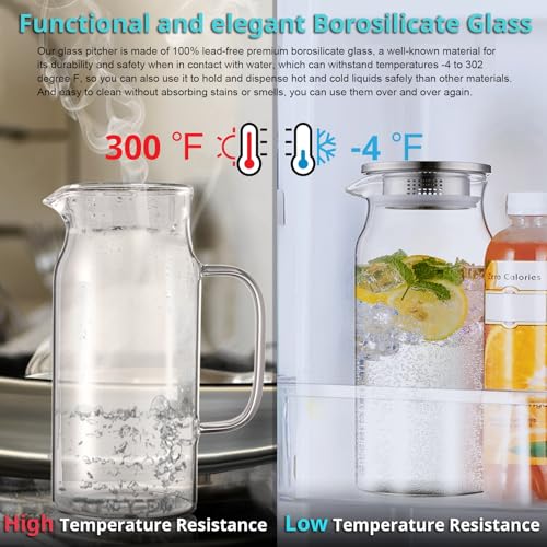 2 Liter (68 oz) Borosilicate Glass Pitcher with Stainless Steel Lid & Handle