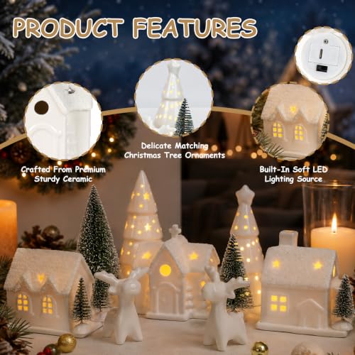 12-Piece White Ceramic Christmas Village Set with Light-Up Houses and Trees