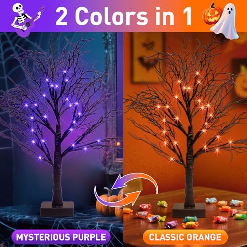 Lighted Black Halloween Trees with Dual-Color LED Lights & Timer - 2 Pack