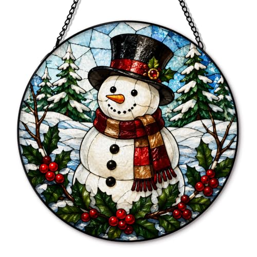 FZSZSD Snowman 9 Winter Glass Suncatcher - 7.8 x 7.8 inch Rustic Holiday Window Decor