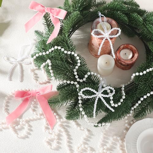 Pink Pearl Christmas Tree Decorations Set 31 Pcs with Velvet Bows, Pearls & Tree Skirt