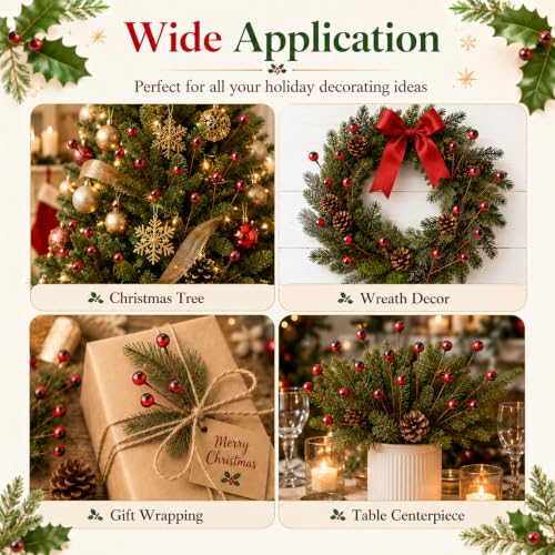 150 Pcs Artificial Holly Berries for Christmas Decor - Red Foam Stems for Wreaths, Tables & DIY Projects