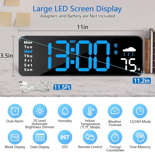 11-Inch LED Digital Wall Clock with Remote, Large Display Alarm & Temp