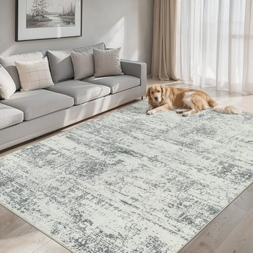 Modern Abstract 8x10 Area Rug - Washable Non-Slip Soft Grey Carpet