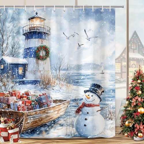 Winter Lighthouse Shower Curtain 70x70 in - White with Hooks | Jipusai