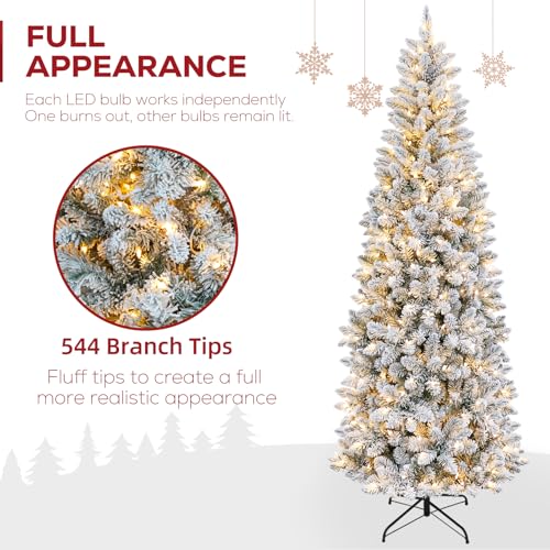 Slim Snow Flocked 6ft Christmas Tree with 200 LED Lights & 10 Modes - Prelit, Hinged Design