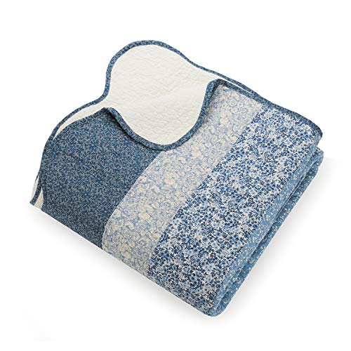 Blue Floral Quilted Bedspread - Lightweight Cotton Queen Bedding