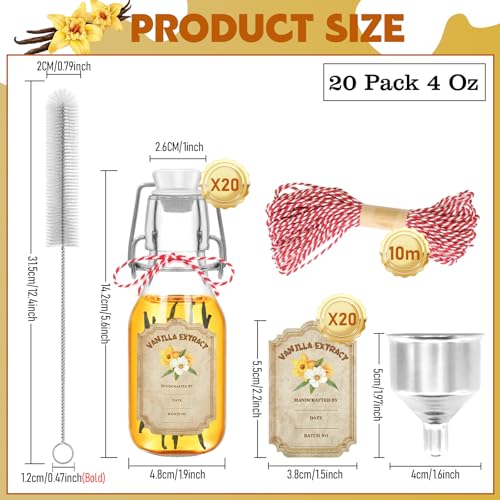 Round 4oz Swing Top Glass Vanilla Extract Bottles 20 Pack with Lids, Labels & Funnel (NVioAsport) - 4 oz