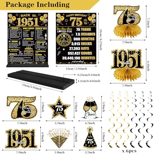 75th Birthday Decorations Kit, Black and Gold Party Supplies for 1951 Birthdays