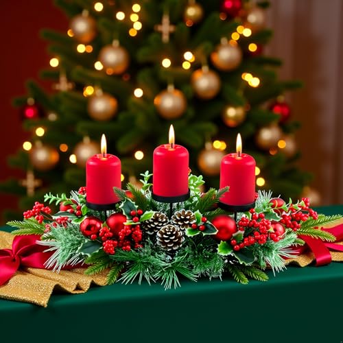 28" Christmas Triple Candelabrum Centerpiece with Berries & Pine Cones