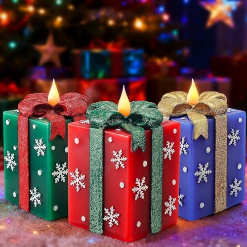 Set of 3 Hand-Painted Flameless LED Candles with Remote Timer - Christmas Home Decor
