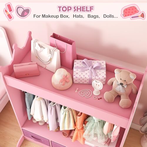 Kids Dress Up Storage Armoire with Mirror, Drawers and Hanging Rod - Pink