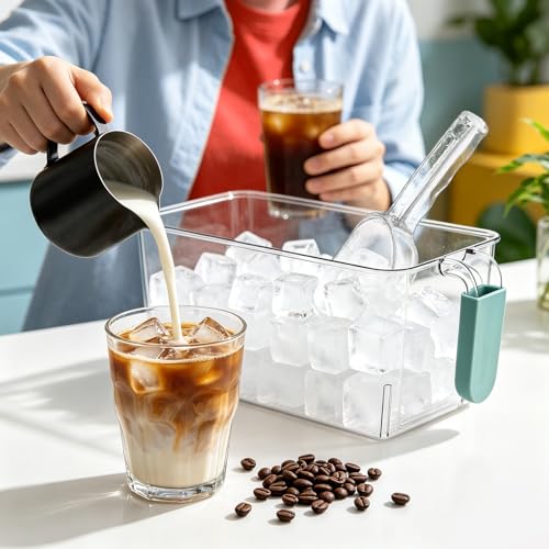 Ice Bin and Scoop Set - Clear Plastic Freezer Storage Container with Handle
