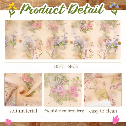 Champagne 6-Pack Floral Embroidered Table Runners 10ft Wedding Baby Shower 23.6 x 120 inches