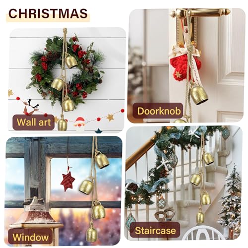 Rustic Hanging Bell Wind Chime, 4-Bell Wrought Iron Brass Finish Decor