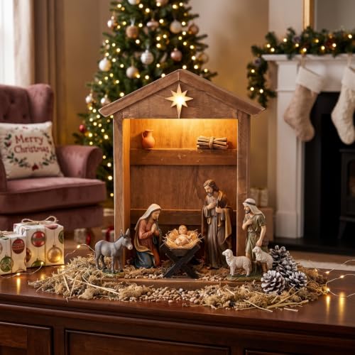 Wesiti Lighted Wooden Nativity Manger with Roof Star - Christmas Scene Decor