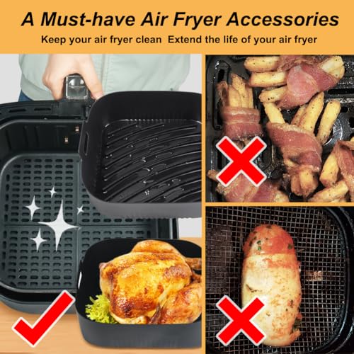 9-Inch Reusable Square Silicone Air Fryer Liners - 2 Pack for 6-8QT Baskets