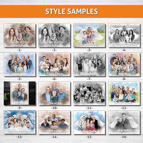 Personalized Memorial Pencil Portrait Canvas with Angel Wings - Family Photos Merge - Custom Tribute Gift - Variation 8