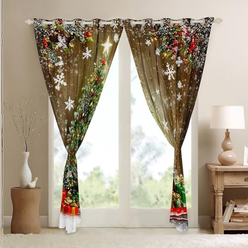Erosebridal Christmas Tree Blackout Curtains 2 Panels 42x63 inches, Snowflake Design, Red Green Brown White, Xmas Lights Decor