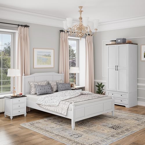 2-Door Wooden Armoire Wardrobe with 2 Drawers and Hanging Rail - White