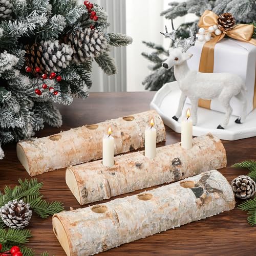 Birch Wood Taper Candle Holder Set of 3 - Rustic Holiday Table Centerpiece