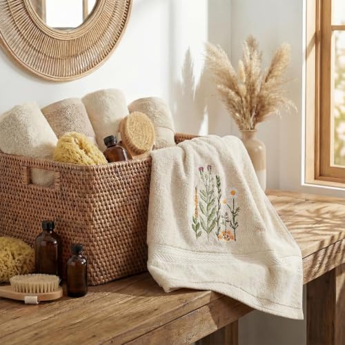 Beige Wildflower Embroidered Hand Towels, 100% Cotton Farmhouse Set of 2
