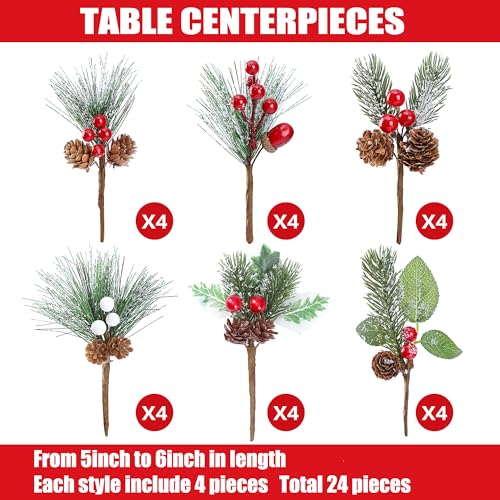 24 Pack Artificial Christmas Picks - 6 Styles Snow Frosted Berry Pine Cones Wreath Decor