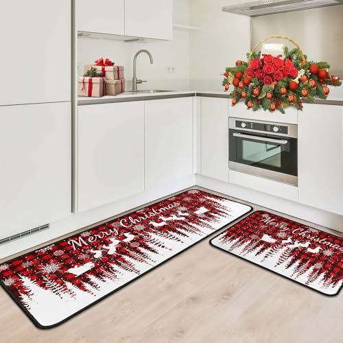 OXIUAZ Buffalo Plaid Xmas Kitchen Rug Set 2 - 17x47" & 17x30" White Snowflake