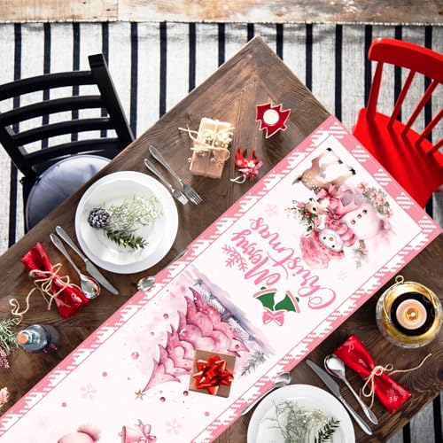 Pink Christmas Table Runner 72 Inch Snowman Holiday Decor for Festive Home