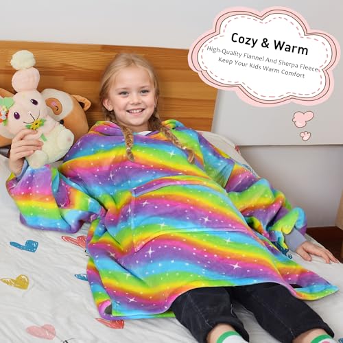 Solaris Rainbow Kids Wearable Blanket Hoodie Oversized Sherpa Fleece for Children