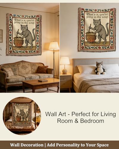 Weird Medieval Cat Woven Tapestry Throw Blanket with Fringe Tassels