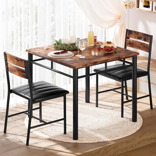 3-Piece Compact Dining Table Set for 2 with Upholstered Chairs, Rustic Brown