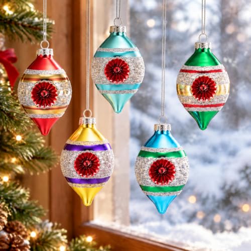 Soulchen Multi-Color Retro Christmas Glass Finial Ornaments Set of 8 with Reflectors