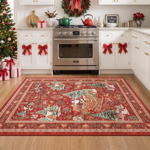 3'x5' Red/Green Christmas Kitchen Runner Rug – Washable, Non-Slip