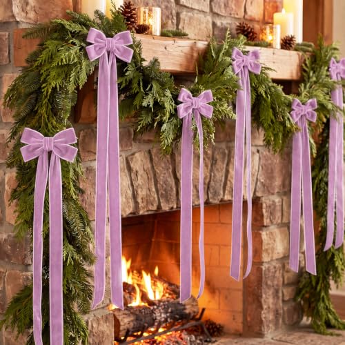 Purple Velvet Ribbon Bows Set of 6 - Long Tail Holiday Tree Decor