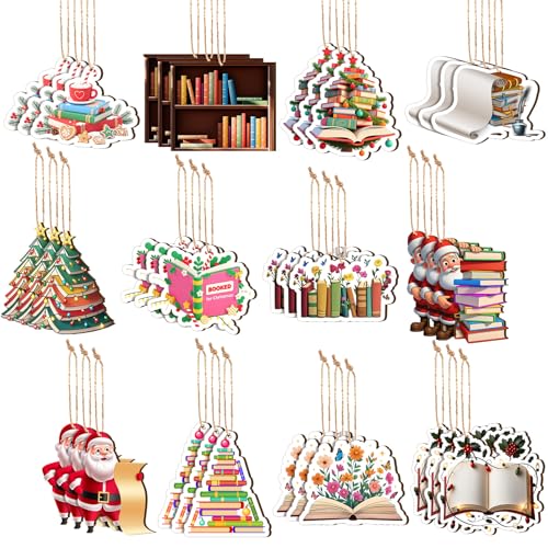 Leinuosen 36 Pack Christmas Book Lover Wooden Ornaments with Stack of Books Design