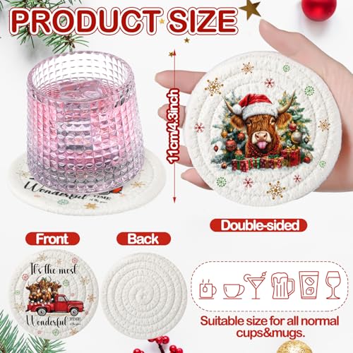 Leinuosen Highland Cow Christmas Coasters (6 Pcs) Cotton Cup Mats
