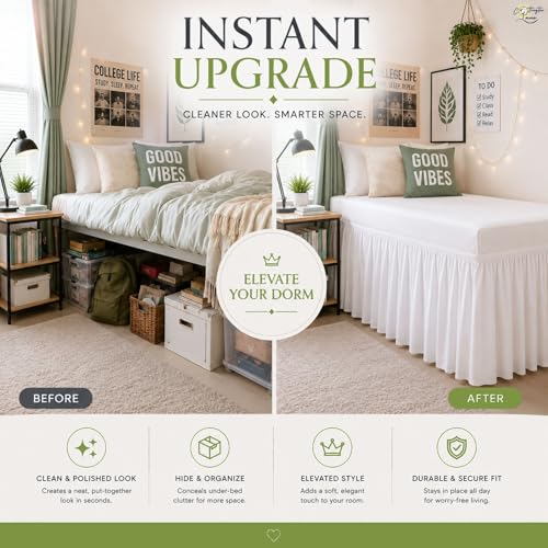 Twin XL Ruffled Bed Skirt with 32 Inch Drop - Wrap Around Dust Ruffle, White