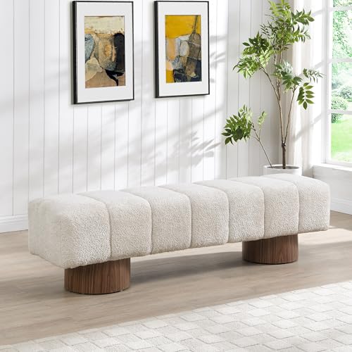 64-Inch Boucle Upholstered Dining Bench, Modern Rectangular Ottoman Seat