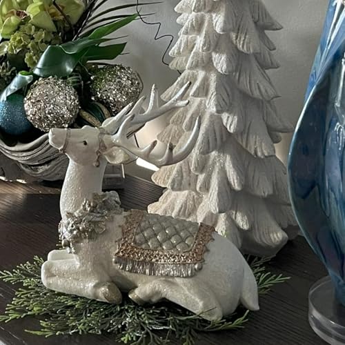 Newman House Studio 2-Pack Sitting Reindeer Figurines Christmas Decor - Cream & Gold, 10.6 x 4.5 x 9.5 inches
