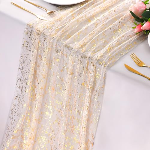 10 Ft Sheer Gold Foil Table Runner, Chiffon Gauze Wedding Table Decor