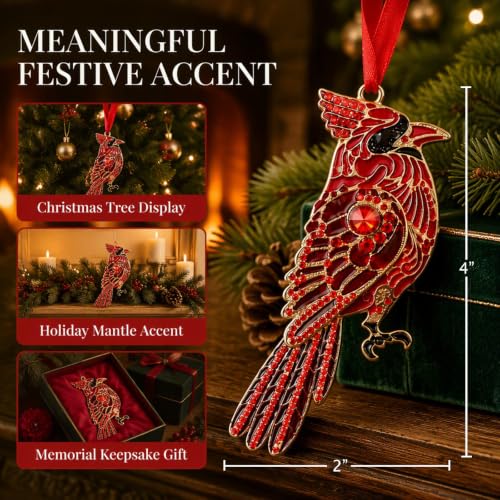 Metal Red Cardinal Christmas Ornament with Rhinestones - Red Cardinal Bird, 2x4 in, WYARMGIF