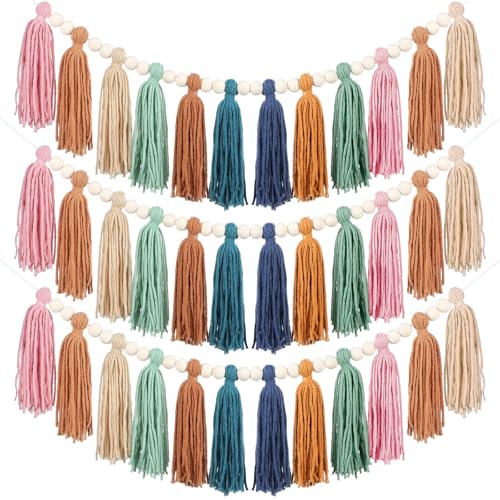 3 Pcs Boho Wood Bead Tassel Garland - Decorative Wall Hanging Decor