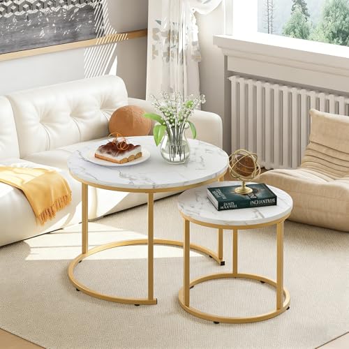 2-Piece Round Nesting Coffee Table Set with White Marble Pattern & Gold Frame