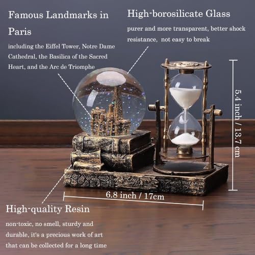 Vintage Paris Eiffel Tower Snow Globe with Hourglass and LED Music